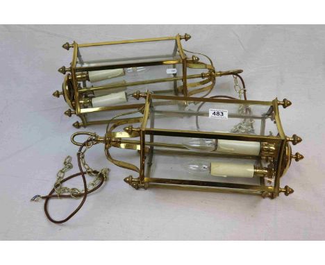 Pair of Gilt Metal Hanging Hall Lanterns each with Six Glass Panels and Three Light Fittings, 50cms high