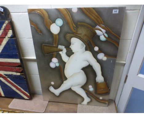 Unusual Panel Picture depicting a Walking Baby in a Top Hat, holding a Bell and playing a Trumpet, 102cms x 76cms