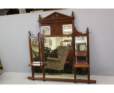Victorian Walnut Overmantle Mirror of Architectural Form with Shelves, 125cms high