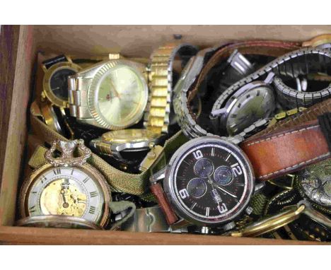 Indian carved wooden box of mixed vintage Quartz and Manual Watches to include Pocket watches