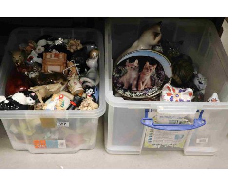 Two Large Tubs of Ceramic and Other Cats plus Cat Plates, etc