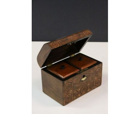 19th century Walnut Tunbridge Ware Inlaid Domed Top Two Section Tea Caddy with key