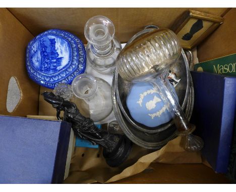 Three glass decanters, Ringtons jars, a/f, plated ware, a metal figure a/f, commemorative items, an inlaid box, a tea caddy, 