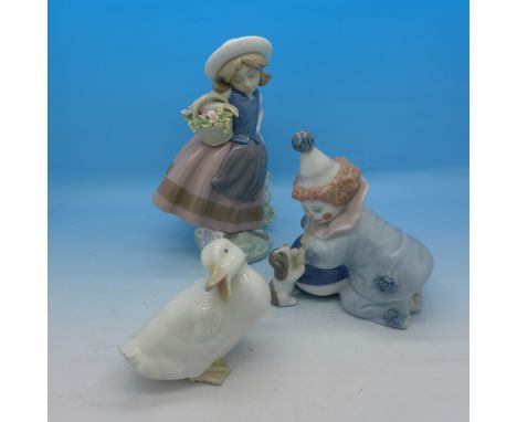Two Lladro figures and a Nao duck