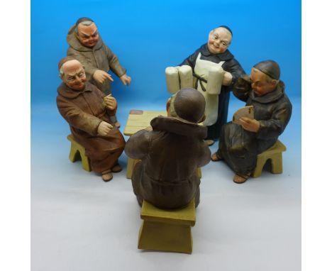 A continental set of card playing monks, one piece a/f