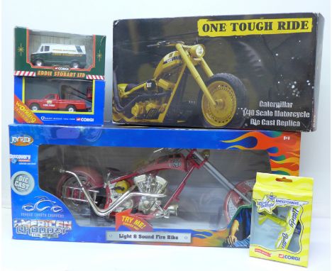 A large American Chopper The Series Joy Ride Chopper, Light & Sound Fire Bike, a 1/10th scale Caterpillar Motorcycle and thre
