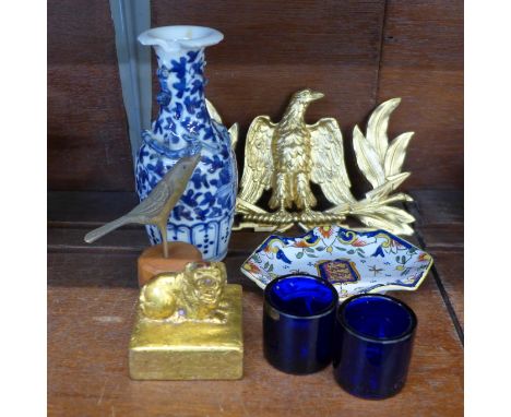 A carved wooden model of a bird, a Chinese gilded seal, oriental vase, a/f, a painted French dish, a/f, two glass liners and 