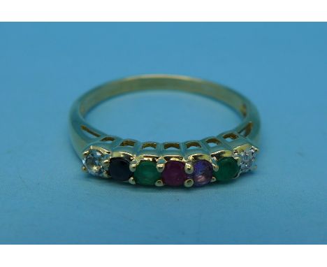 A 9ct gold 'Dearest' ring, 2.3g, R, set with a Diamond, emerald, amethyst, ruby, etc.