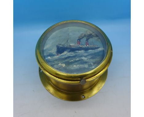 A ship's clock case with oil on board painting of a ship, diameter of glass 10cm