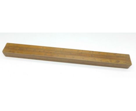 An early 19th Century slide rule in a cubed rectangular form, four sided and with four slides within it. Each side with sever