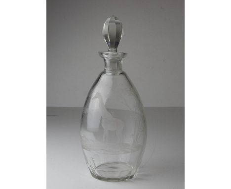 Rowland Ward - Safari, Giraffe engraved glass decanter and stopper, probably on a Moser blank, ovoid form with faceted base a