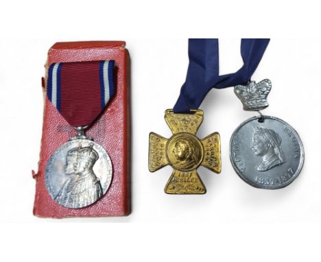 A George V and Queen Mary 1910-1935 Silver Jubilee medal, boxed;&nbsp; &nbsp;a bronze Victoria Jubilee Cross medal;&nbsp;&nbs