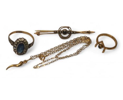 An 18ct gold and sapphire ring, surmounted with a wishbone and a centrally collet set sapphire, size E1/2, Samuel Usher Ltd, 