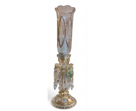 A 20th century clear glass storm lantern, with prismatic lustres, picked out in gilt, 53.5cm high 