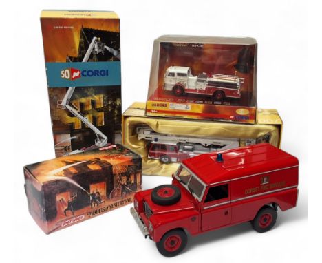 An Eagle Universal Hobbies 1/18 Scale 4412 - Land Rover S III - Dorset Fire Brigade (faults); a Matchbox Models of Yesteryear