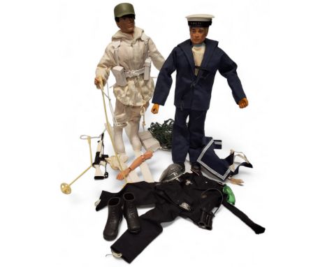 Action Man - a pre 1973 'fuzzy' brown hair Action Man in Mountain and Arctic uniform (faults); another post 1973 'gripping ha