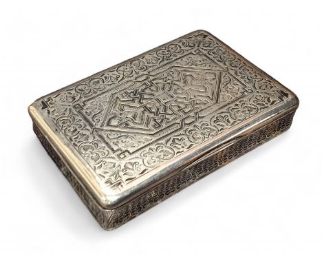 A 19th century Continental niello silver rectangular snuff box, engraved with geometrical motif and stylised foliage, 8.5cm w