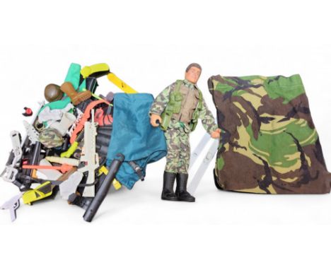 Action Man - an 1993 brown fuzzy hair figure, camouflage uniform, accessories including scuba, skiing, weapons, etc. 