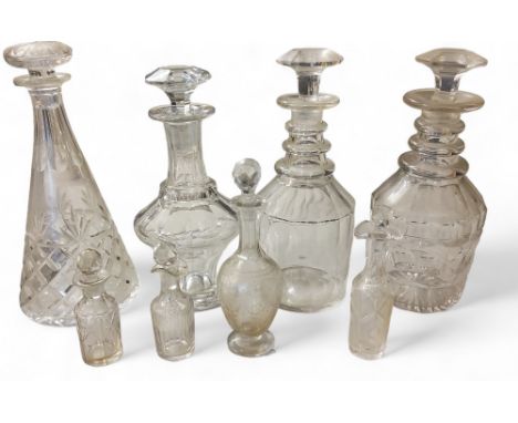 A 19th century mallet shaped decanter, triple ring neck, 26cm high, c.1820;&nbsp; others, various;&nbsp; condiment and vinega