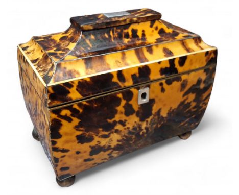 An early Victorian tortoiseshell bowed rectangular tea caddy, hinged pagoda top, two lidded compartments, bun feet, 18.5cm wi