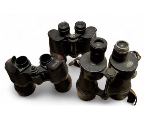 A pair Bino Prism No 2 Mk III binoculars;  Zenith 10 x 50 binoculars;  Russian binoculars 