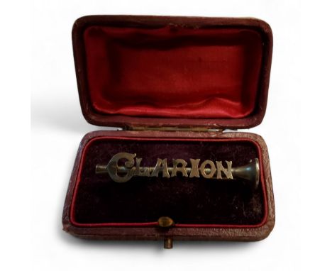 A silver&nbsp;National Clarion Cycling Club pin badge,&nbsp; pierced with Clarion&nbsp; on a post horn, 5cm long, Birmingham 