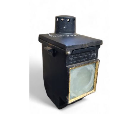 Railwayana - An S. R cast iron signal lamp, square form with vented hinged lid, stamped Lamp Manufacturing &amp; Railway Supp