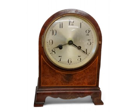 An early 20th century German mahogany, burr walnut and satinwood strung&nbsp; mantel clock, Arabic numerals, twin winding hol