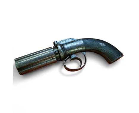 A 19th century Wilkinson percussion pepper box six shot steel pistol with engraved decoration, with crossed swords mark to th