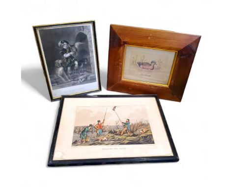 After C. W. Sharpe The Young Falconer, hand tinted lithograph c.1880; Spearing The Otter and study of a duck (3) 