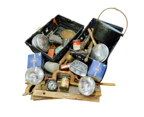 Workshop Clearance - G.E.C sealed beam headlights, boxed; Esso grease tin, Speedwell grease tin, Filtrate penetrating oil and