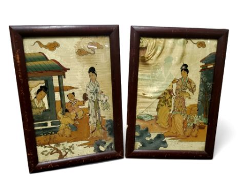 Oriental School, reverse painted glass over silk panels decorated with Japanese children playing, framed, 36cm x 63cm (see im