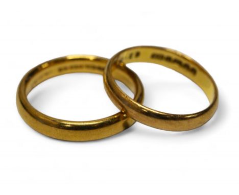 A 22ct gold half barrel wedding band, size K,; another 6.69g (2) 