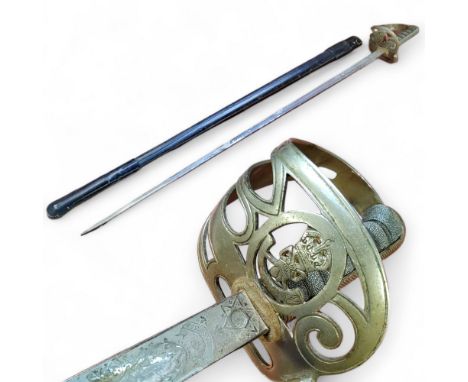 A late Victorian 4th Battalion Rifle Brigade dress sword, etched blade, monogrammed hilt with shagreen grip and scabbard 