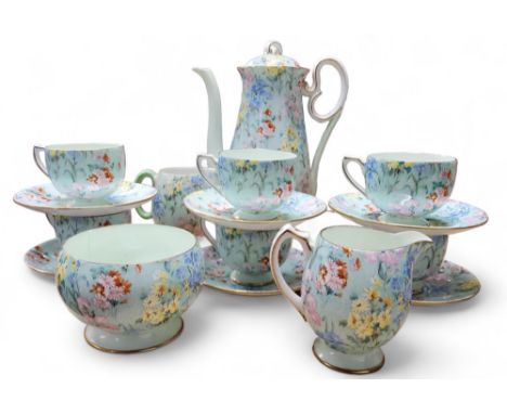 A&nbsp;Shelley Melody pattern coffee service, comprising coffee pot and cover, milk jug, cream jug, sugar bowl, six cups and 