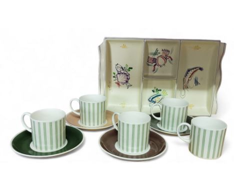 A set of five Susie Copper bone china coffee cups and saucers. with vertical green bands, printed marks;&nbsp; a Poole &nbsp;