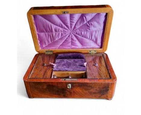 A Victorian mahogany and satinwood crossbanded jewellery box, the interior with two lidded compartments, ring bar and lift ou