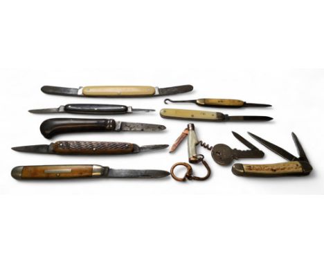 Pocket knives including George Wostenholme, single blade, ivorine scales printed Fruit Knife, brass linings,&nbsp;nickel silv