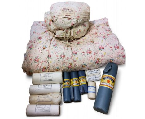 Two vintage Ellesmere Caravana quilted sleeping bags, c.1950;&nbsp; &nbsp;Robinson &amp; Sons, Chesterfield Cotton Wool rolls