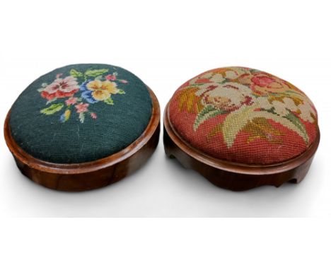 A Victorian mahogany circular foot stool, tapestry top, bun feet, 26cm diam, c.1860;&nbsp; another (2) 