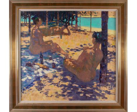 George Devlin R.G.I (Scottish, 1937-2014) Shared Intimacies Oil in canvas&nbsp; Signed lower left With old Fosse Gallery labe
