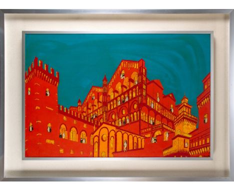 Nicola Ortis Poucette (French, 1935-2006) Red cityscape with bashful chaps and naked ladies 1969 Oil on canvas  Property of a