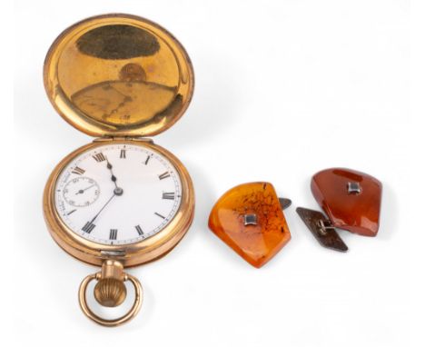 British A gold-plated Dennison Moon pocket watch. Numbered 588289. In working order. Together with a pair of amber and silver