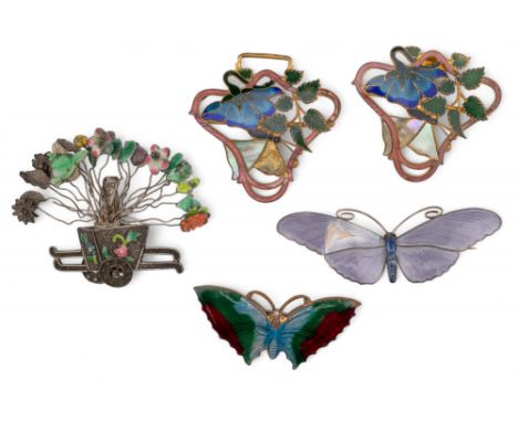 Antique Three brooches To include: [a] Chinese, circa 1900, silver filigree enamel jade and coral Penjing brooch [b] Two enam
