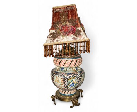 Antique A Zsolnay Pecs enamelled lamp with brass fittings  To be sold without reserve  Dimensions: 12 in. (H) x 8 in. (W) 