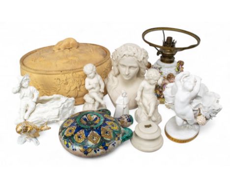 A group of porcelain and ceramic items To include: [a] A Wedgwood caneware tureen with hunting motif, made to simulate game p
