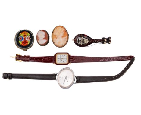 A mixed lot, to include: [a] Two ladies' wristwatches [b] Two shell cameo brooches [c] A tortoiseshell mandolin-shaped brooch