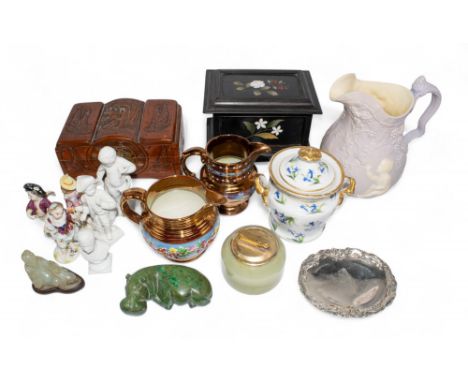 A mixed lot, to include: [a] An ebonised wooded box with Pietra Dure floral decoration (as found) [b] A wooden Chinese jewell