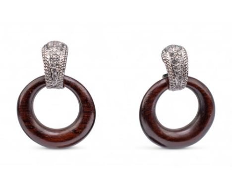 Van Cleef &amp; Arpels, Paris 1970s A pair of door-knocker interchangeable wood, 18 carat gold and diamond earrings Signed 'V