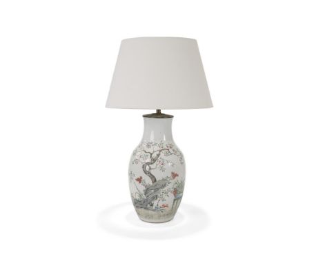 A CHINESE PORCELAIN TABLE LAMP  POSSIBLY JAPANESE, 20TH CENTURY  With hand painted decoration to the base, rewired and PAT te